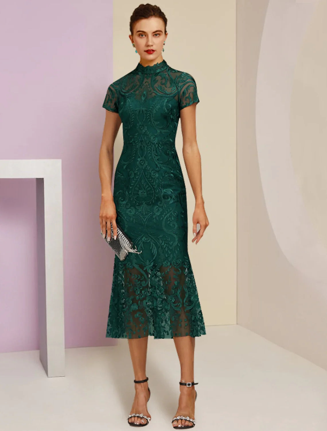 Sheath High Neck Lace Short Sleeve Applique Mini Wedding Dress - Chloe Dress
