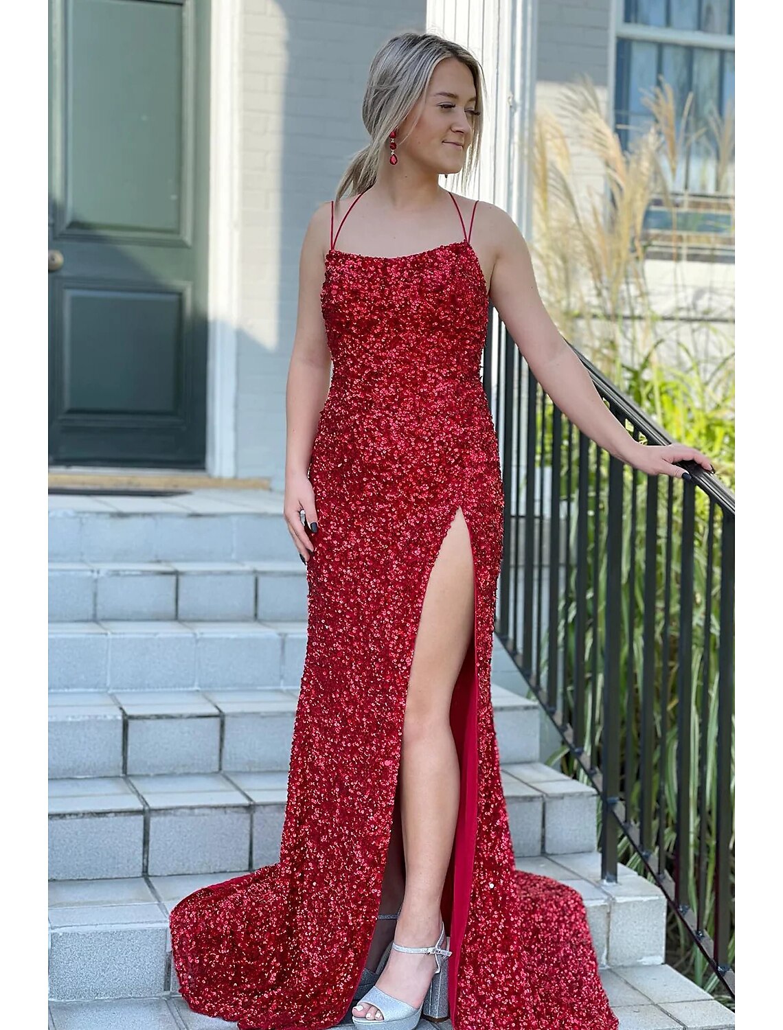 Mermaid Spaghetti Strap Sequin Sleeveless Backless High Slit Prom Dress - Chloe Dress