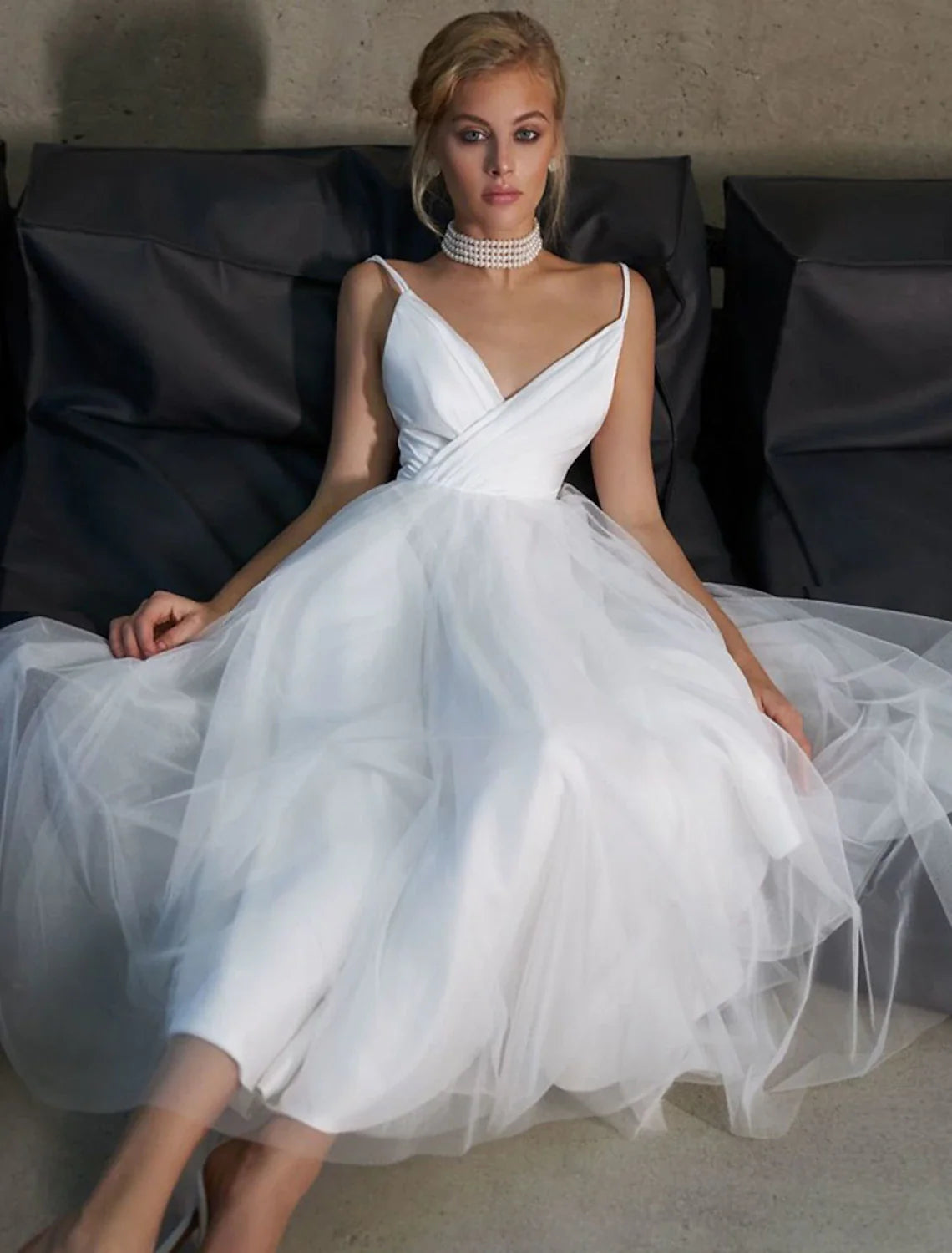 White A-Line V-Neck Tulle Ankle-Length Wedding Gown - Chloe Dress