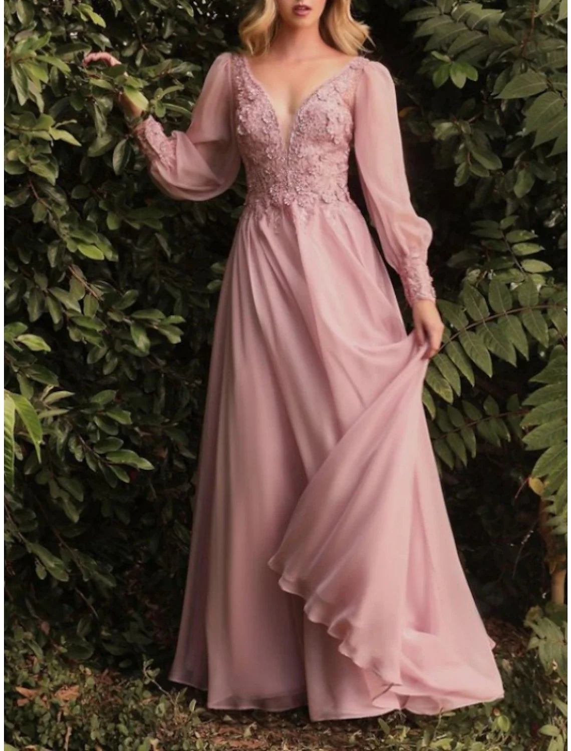 Sheath V-Neck Chiffon Long Sleeve Pleated Floor-Length Wedding Dress - Chloe Dress