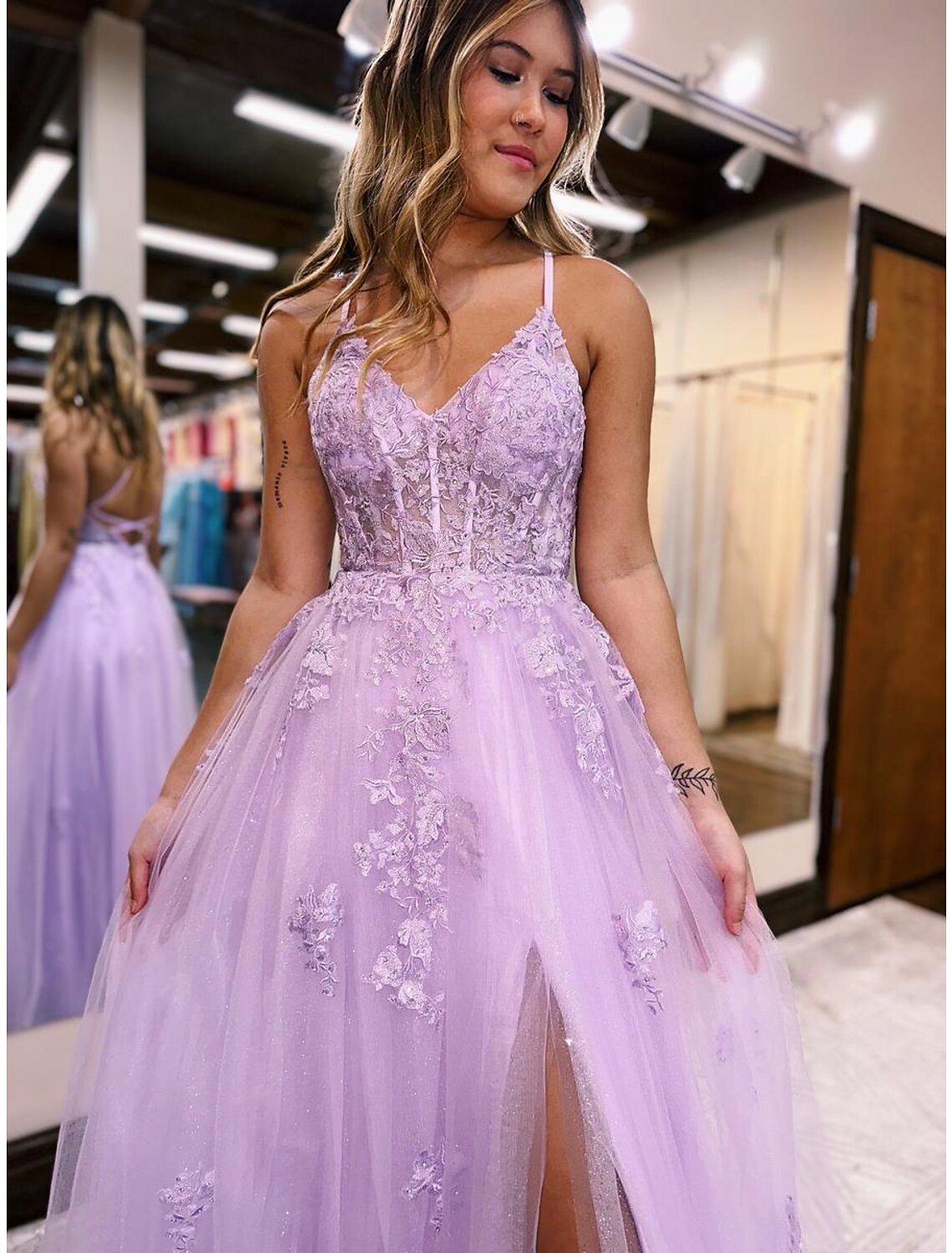 A-Line V-Neck Tulle Sleeveless Open Back High Slit Floor-Length Evening Gown - Chloe Dress