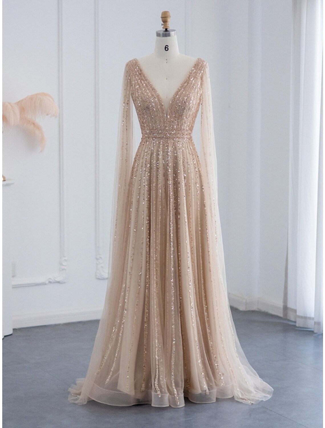A-Line V-Neck Sequin Long Sleeve Pleated Evening Gown - Chloe Dress