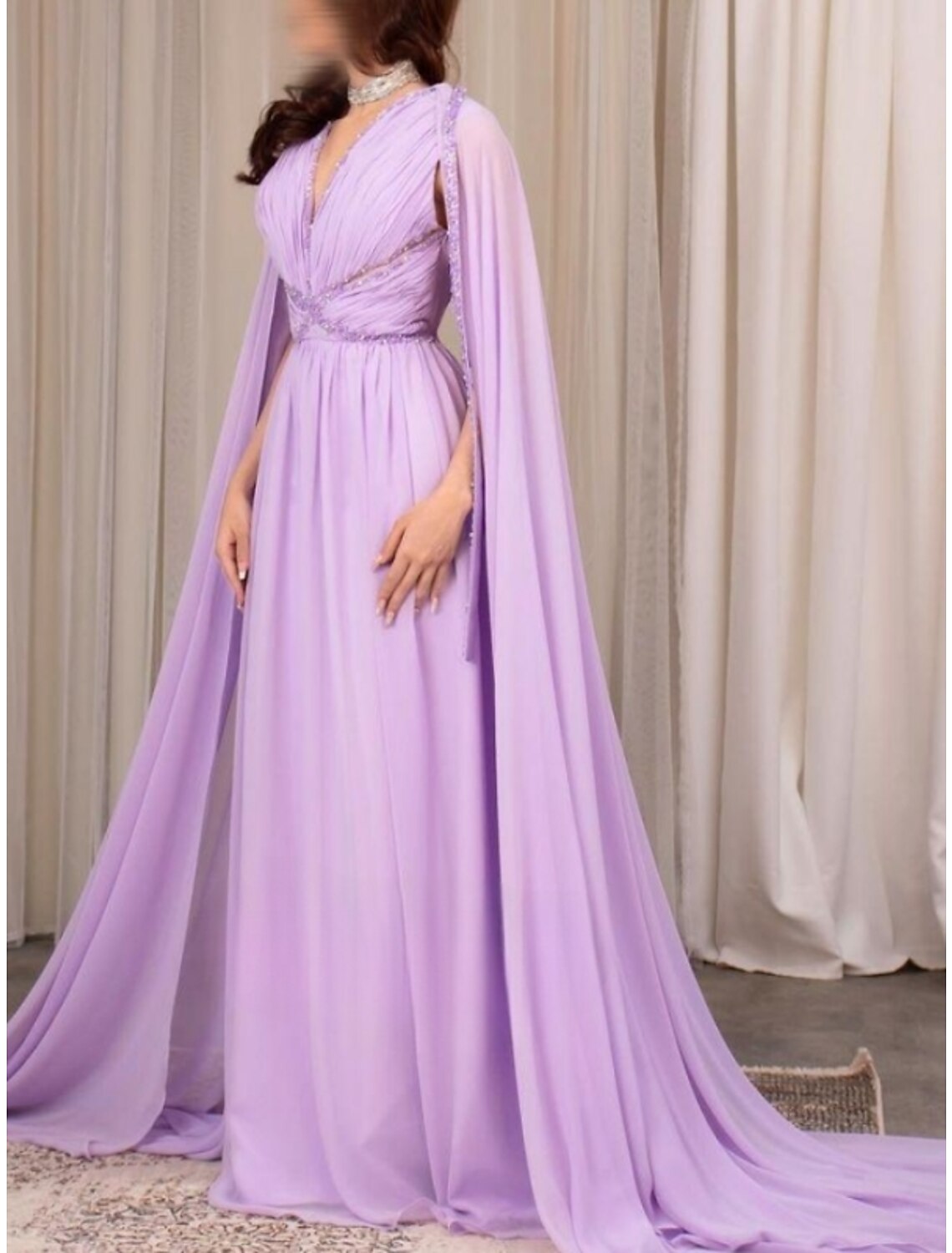 A-Line V-Neck Chiffon Long Sleeve Pleated Evening Gown - Chloe Dress