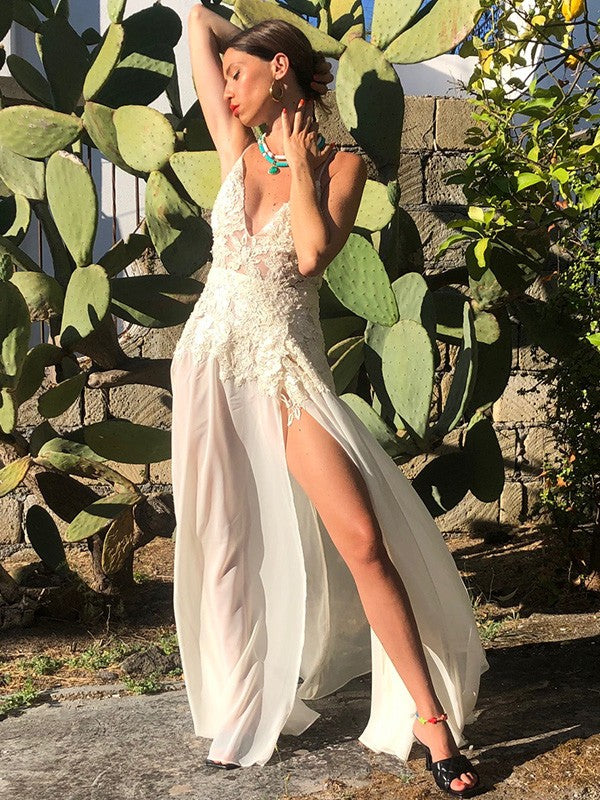 A-Line V-Neck Chiffon Sleeveless Applique Floor-Length Wedding Dress - Chloe Dress