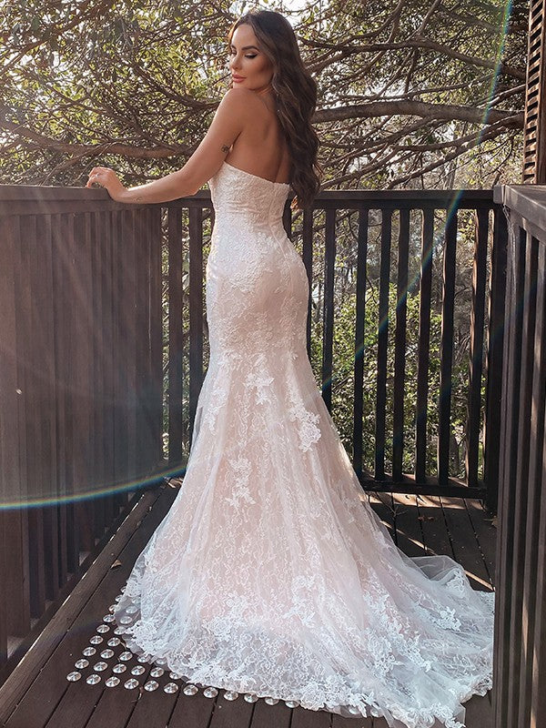 Mermaid Sweetheart Lace Sleeveless Train Wedding Dress - Chloe Dress