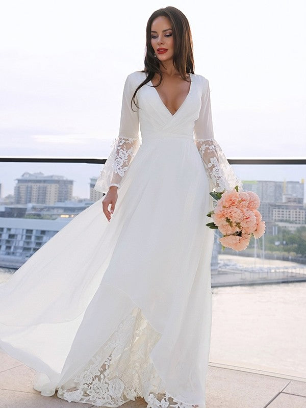 A-Line V-Neck Lace Long Sleeve Train Wedding Dress - Chloe Dress