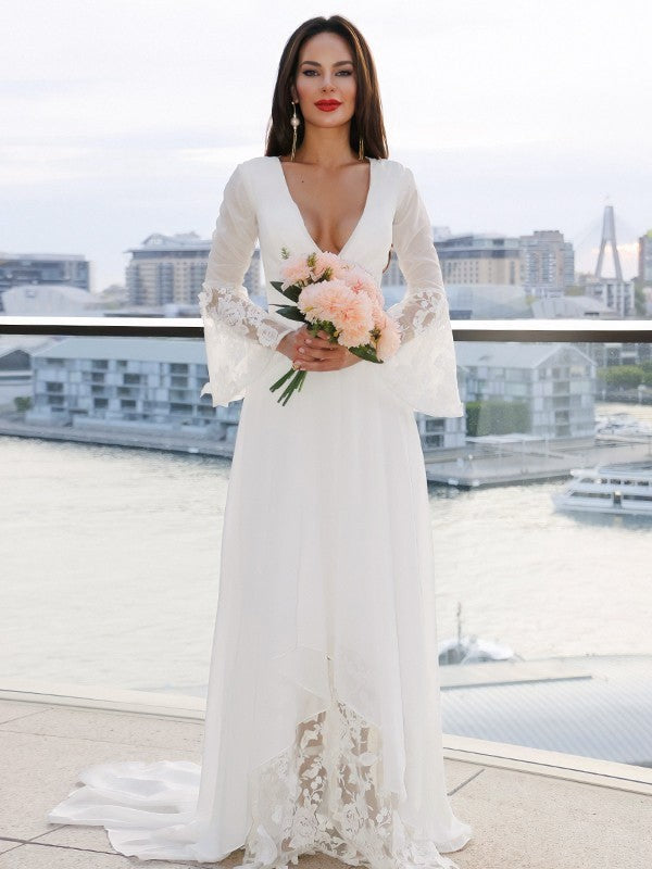 A-Line V-Neck Lace Long Sleeve Train Wedding Dress - Chloe Dress