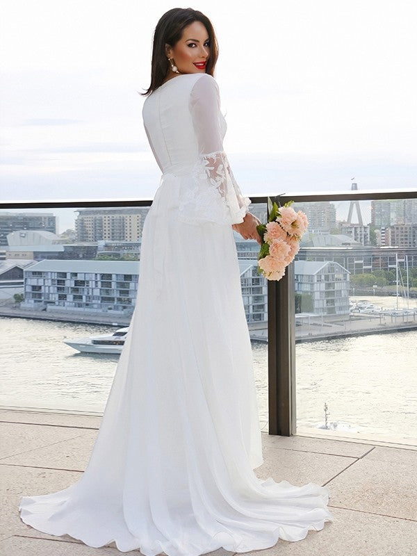 A-Line V-Neck Lace Long Sleeve Train Wedding Dress - Chloe Dress
