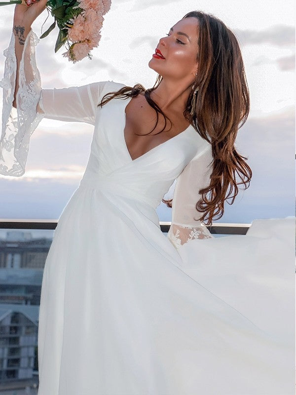 A-Line V-Neck Lace Long Sleeve Train Wedding Dress - Chloe Dress