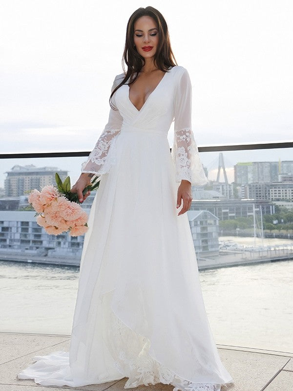 A-Line V-Neck Lace Long Sleeve Train Wedding Dress - Chloe Dress