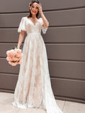 A-Line V-Neck Lace Short Sleeve Train Mini Wedding Dress - Chloe Dress