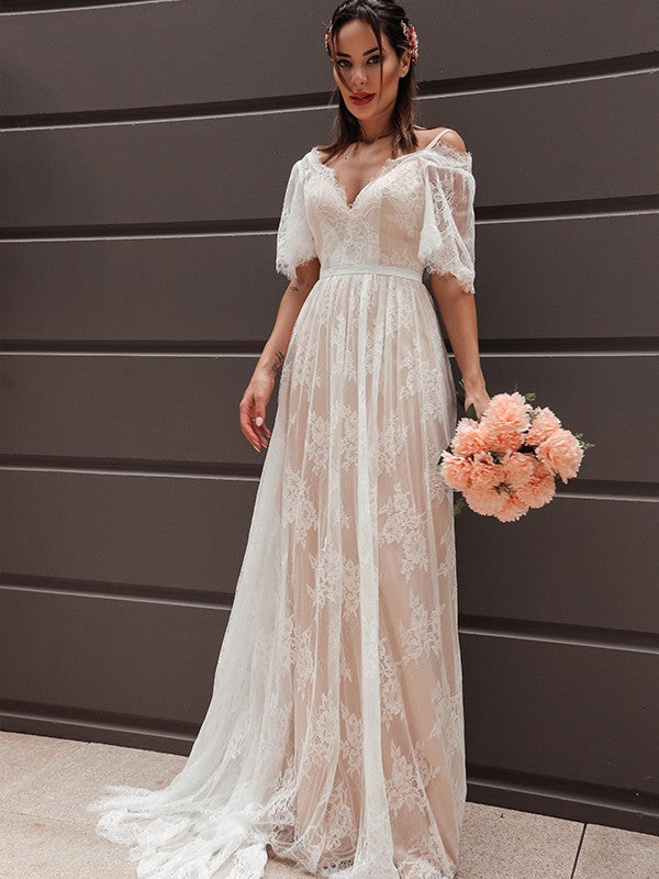 A-Line V-Neck Lace Short Sleeve Train Mini Wedding Dress - Chloe Dress