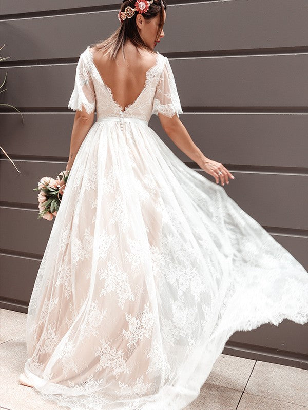 A-Line V-Neck Lace Short Sleeve Train Mini Wedding Dress - Chloe Dress