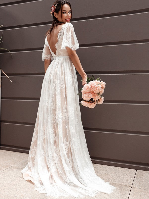 A-Line V-Neck Lace Short Sleeve Train Mini Wedding Dress - Chloe Dress