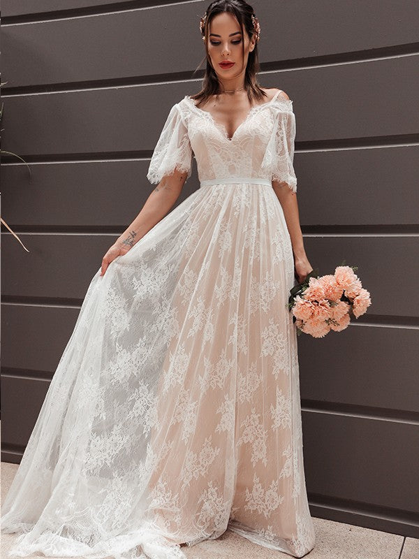 A-Line V-Neck Lace Short Sleeve Train Mini Wedding Dress - Chloe Dress