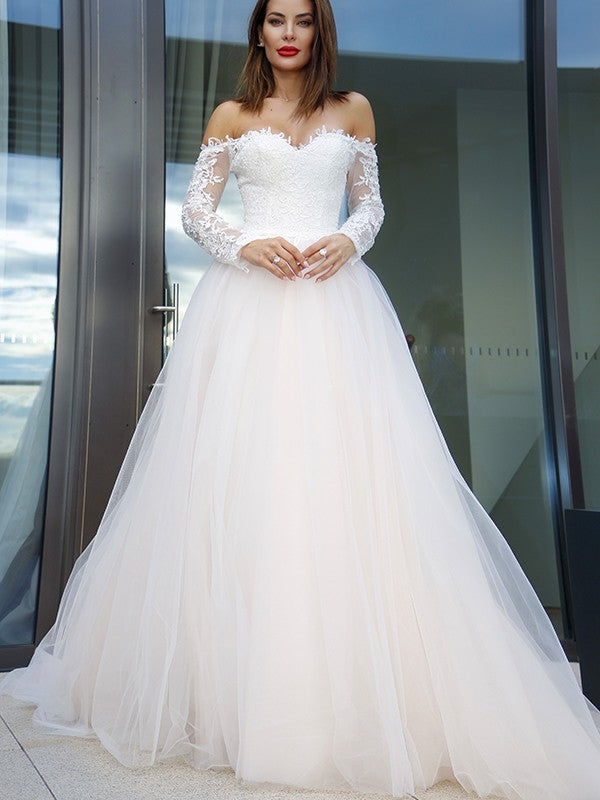 A-Line Tulle Long Sleeve Train Wedding Dress - Chloe Dress