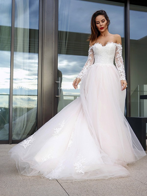A-Line Tulle Long Sleeve Train Wedding Dress - Chloe Dress