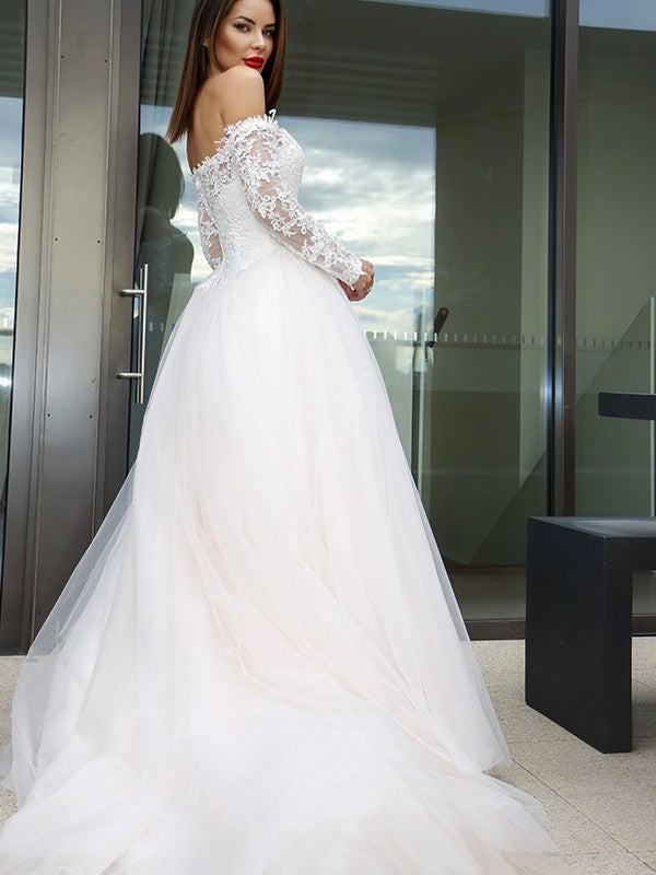 A-Line Tulle Long Sleeve Train Wedding Dress - Chloe Dress