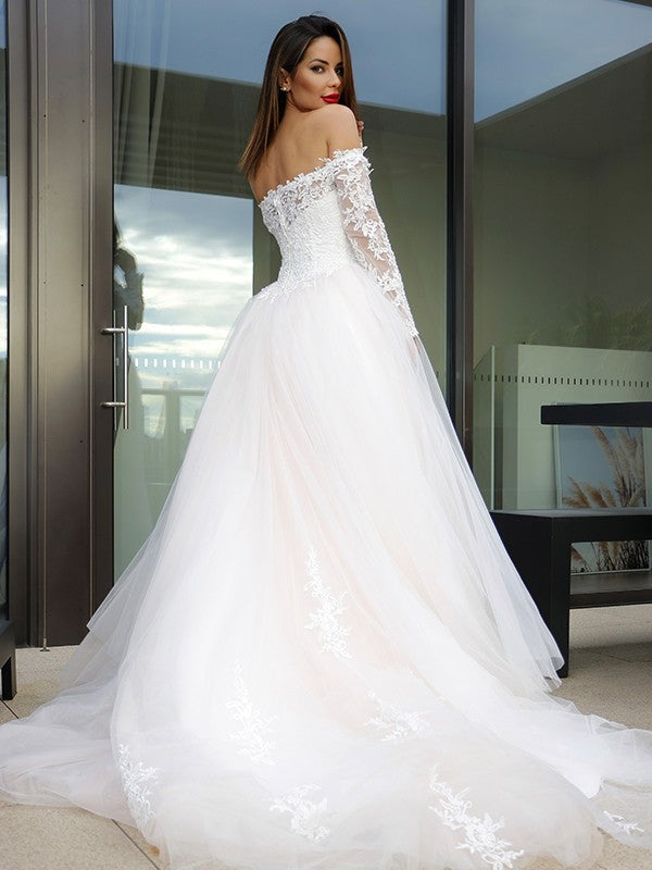 A-Line Tulle Long Sleeve Train Wedding Dress - Chloe Dress