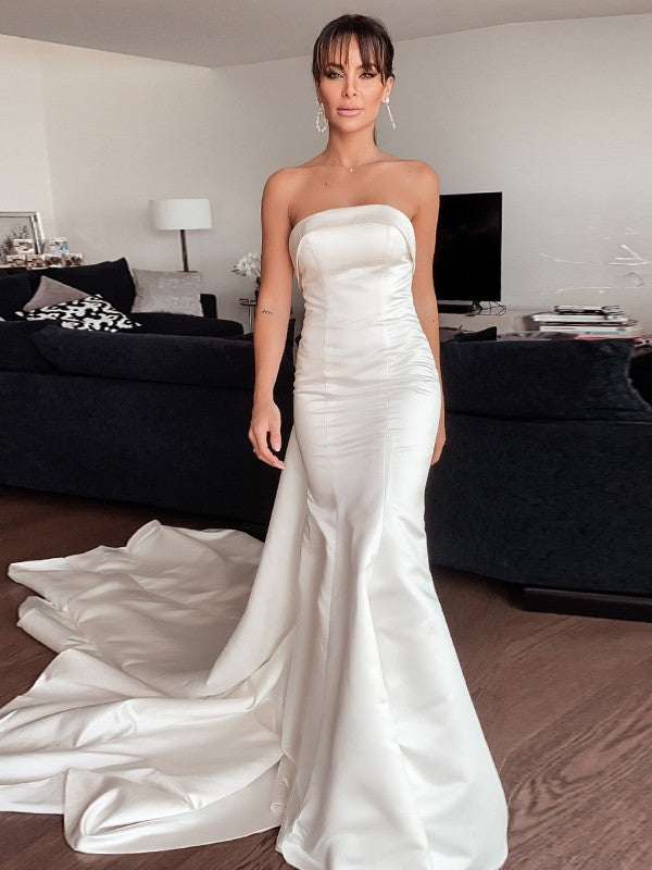Sheath Strapless Satin Sleeveless Ruffled Wedding Dress - Chloe Dress
