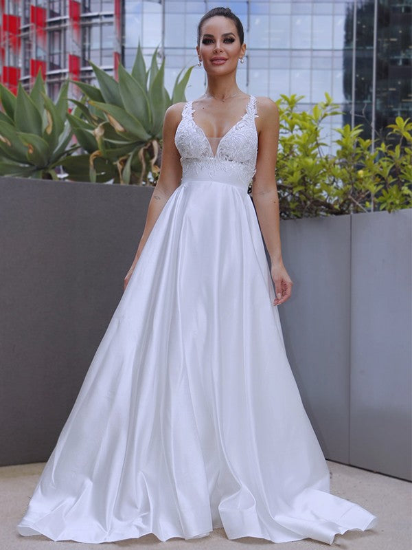 A-Line V-Neck Satin Sleeveless Train Wedding Dress - Chloe Dress