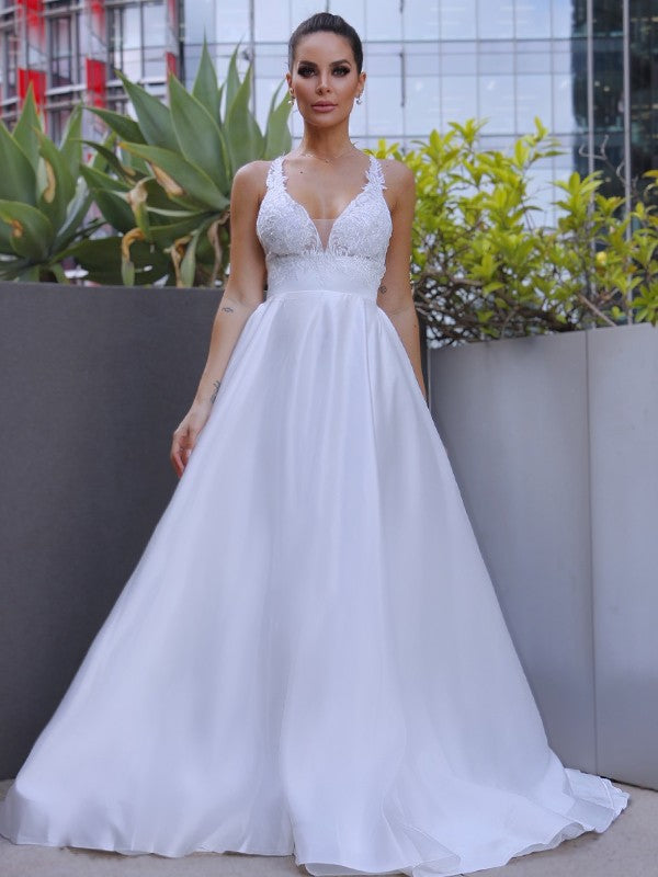 A-Line V-Neck Satin Sleeveless Train Wedding Dress - Chloe Dress