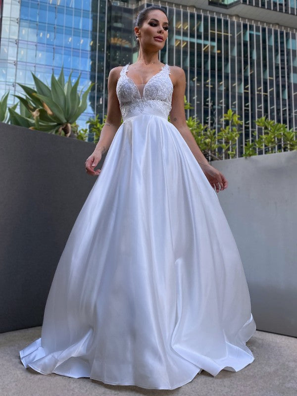 A-Line V-Neck Satin Sleeveless Train Wedding Dress - Chloe Dress