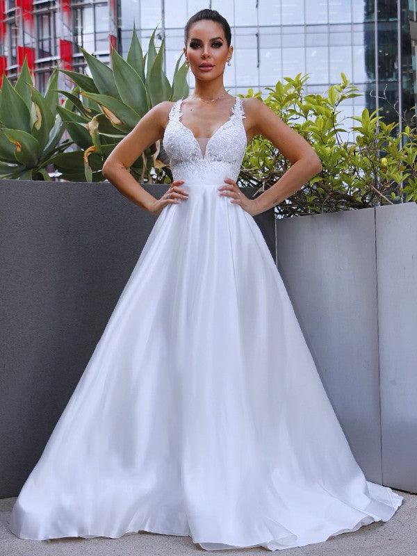 A-Line V-Neck Satin Sleeveless Train Wedding Dress - Chloe Dress