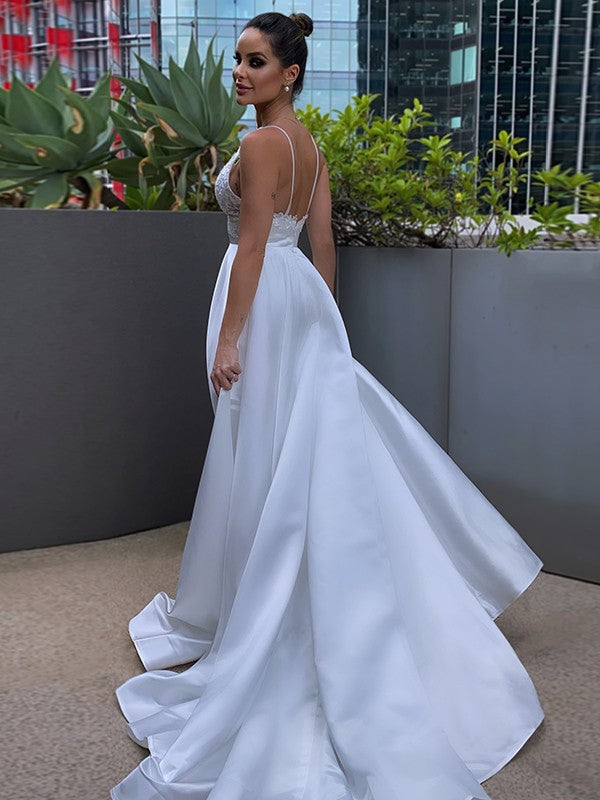 A-Line V-Neck Satin Sleeveless Train Wedding Dress - Chloe Dress
