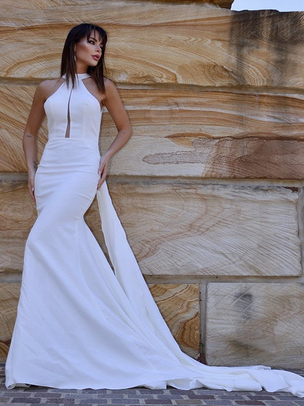 Mermaid Halter Crepe Sleeveless Ruffled Wedding Dress - Chloe Dress
