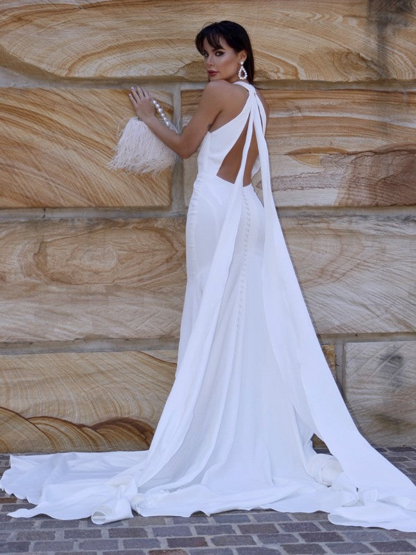 Mermaid Halter Crepe Sleeveless Ruffled Wedding Dress - Chloe Dress