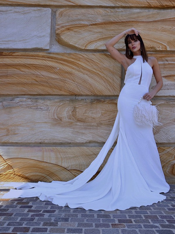 Mermaid Halter Crepe Sleeveless Ruffled Wedding Dress - Chloe Dress