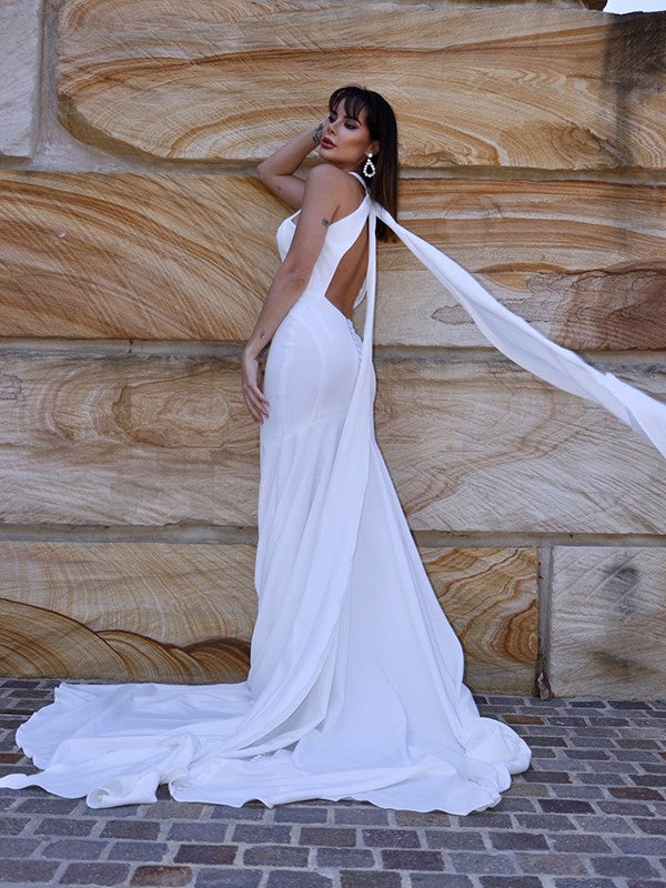 Mermaid Halter Crepe Sleeveless Ruffled Wedding Dress - Chloe Dress