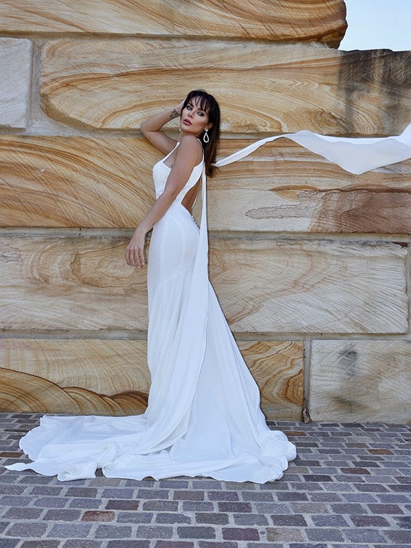Mermaid Halter Crepe Sleeveless Ruffled Wedding Dress - Chloe Dress