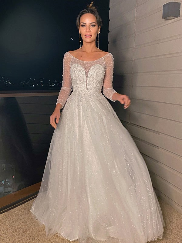 A-Line Tulle Long Sleeve Train Wedding Dress - Chloe Dress