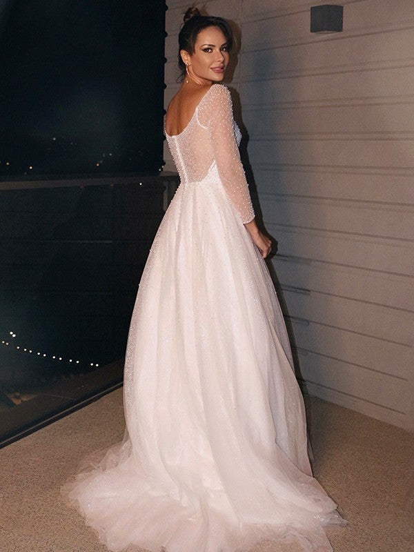 A-Line Tulle Long Sleeve Train Wedding Dress - Chloe Dress