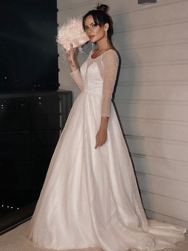 A-Line Tulle Long Sleeve Train Wedding Dress - Chloe Dress