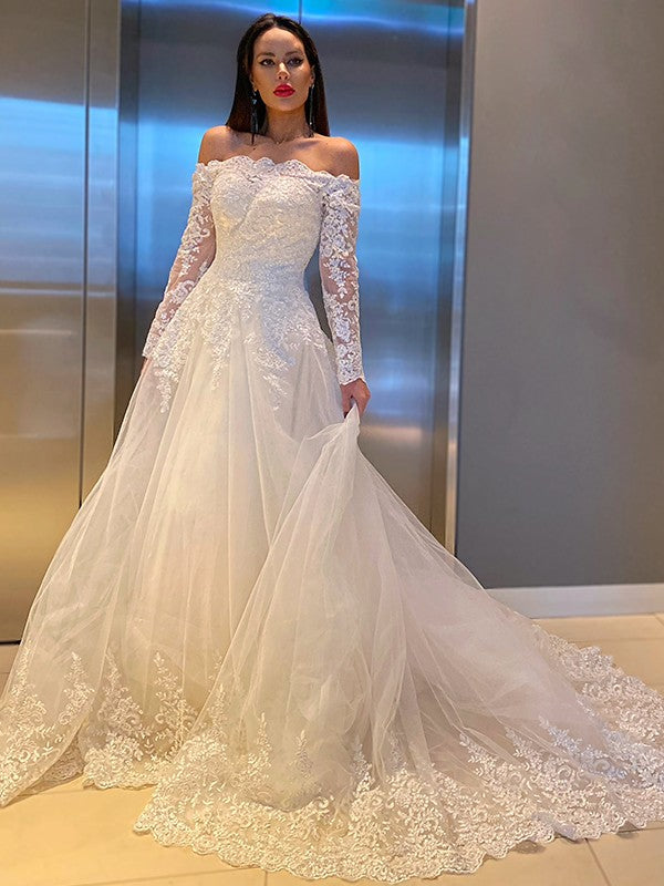 A-Line Lace Long Sleeve Train Wedding Dress - Chloe Dress
