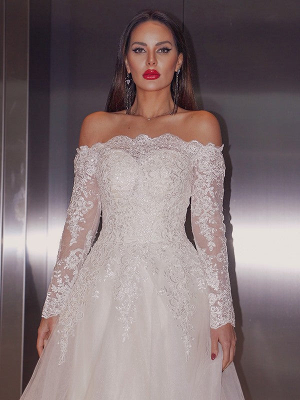 A-Line Lace Long Sleeve Train Wedding Dress - Chloe Dress