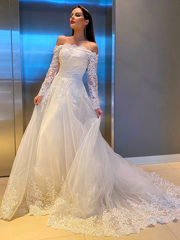 A-Line Lace Long Sleeve Train Wedding Dress - Chloe Dress