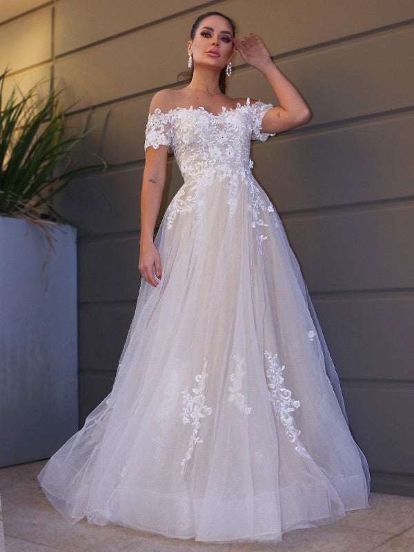 A-Line Tulle Short Sleeve Applique Floor-Length Wedding Dress - Chloe Dress