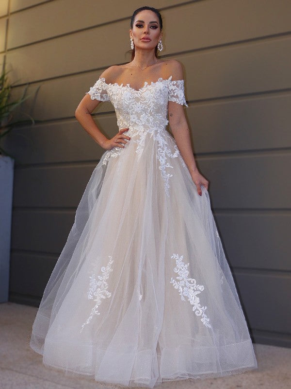 A-Line Tulle Short Sleeve Applique Floor-Length Wedding Dress - Chloe Dress
