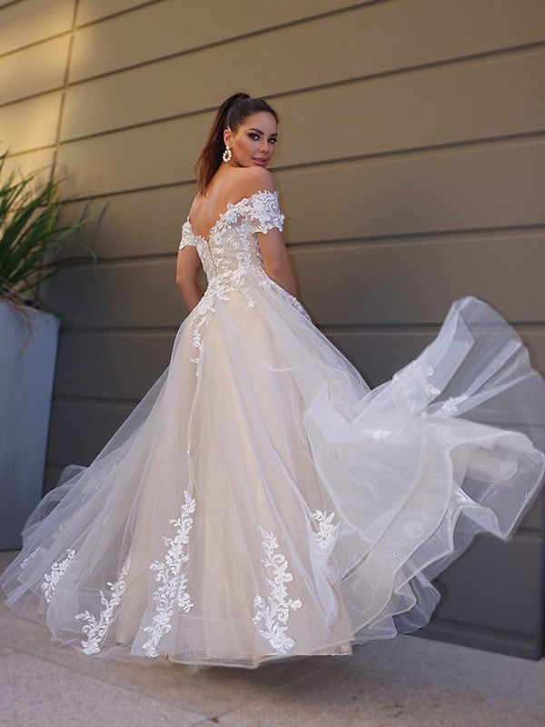 A-Line Tulle Short Sleeve Applique Floor-Length Wedding Dress - Chloe Dress