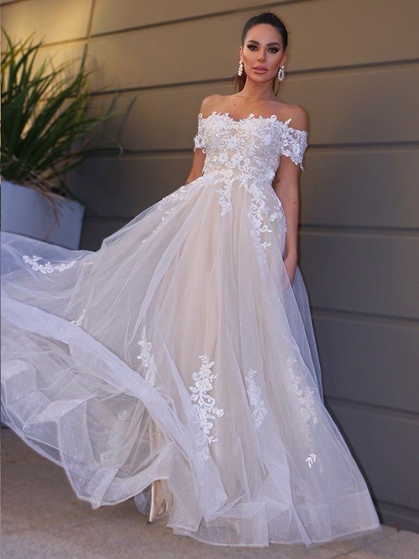 A-Line Tulle Short Sleeve Applique Floor-Length Wedding Dress - Chloe Dress