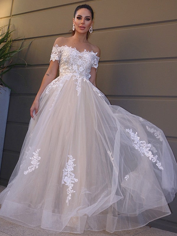 A-Line Tulle Short Sleeve Applique Floor-Length Wedding Dress - Chloe Dress