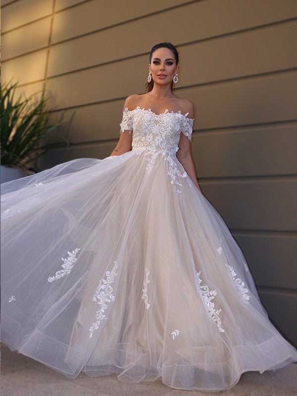 A-Line Tulle Short Sleeve Applique Floor-Length Wedding Dress - Chloe Dress