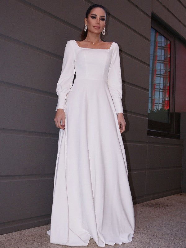 A-Line Square Neck Crepe Long Sleeve Ruffled Wedding Dress - Chloe Dress
