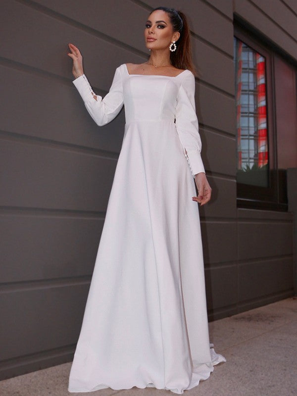 A-Line Square Neck Crepe Long Sleeve Ruffled Wedding Dress - Chloe Dress