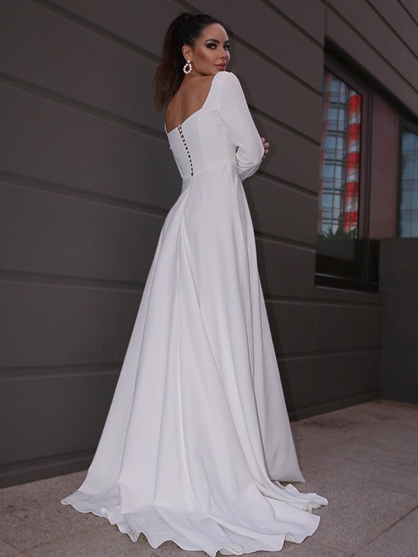 A-Line Square Neck Crepe Long Sleeve Ruffled Wedding Dress - Chloe Dress