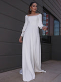 A-Line Square Neck Crepe Long Sleeve Ruffled Wedding Dress - Chloe Dress